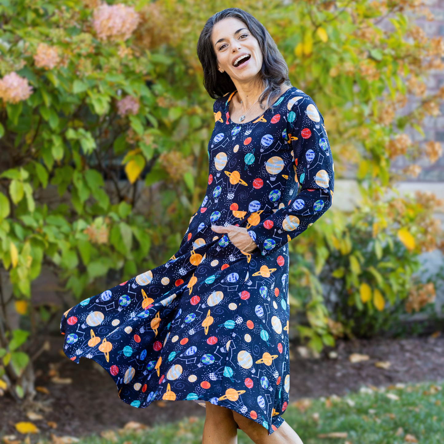 Planet Balloons Long Sleeves Twirl Dress