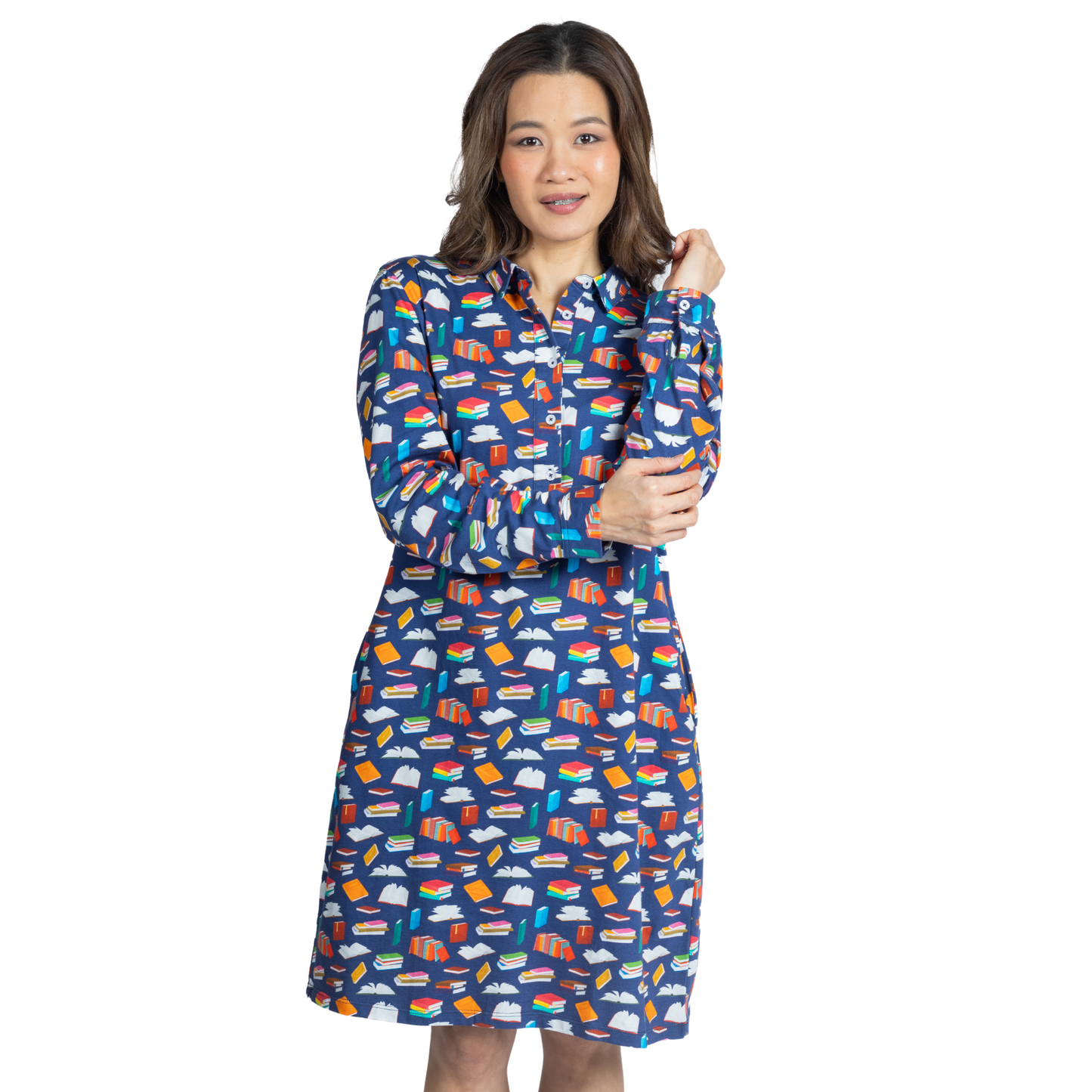 Magical Books Long Sleeve Button-Up Dress
