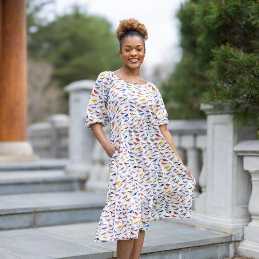 Birds Elastic Puff-Sleeve Dress [FINAL SALE]