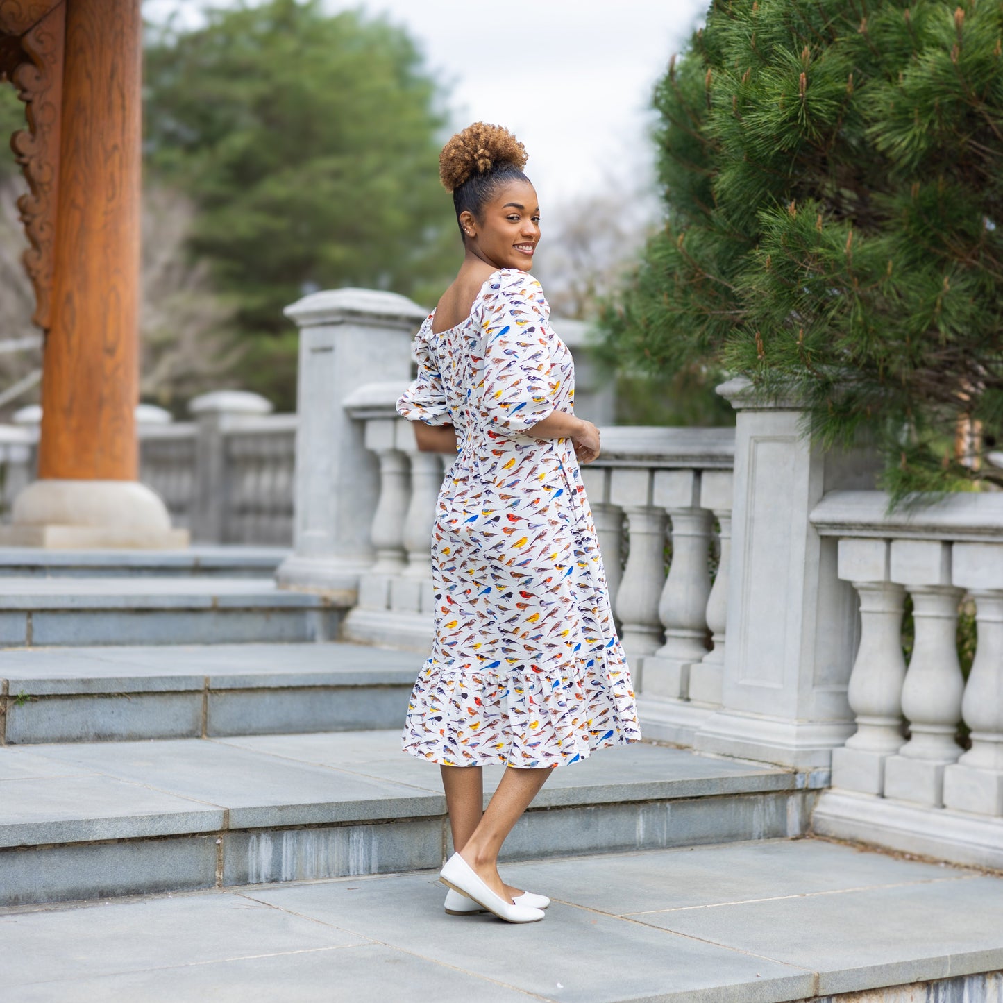 Birds Elastic Puff-Sleeve Dress [FINAL SALE]