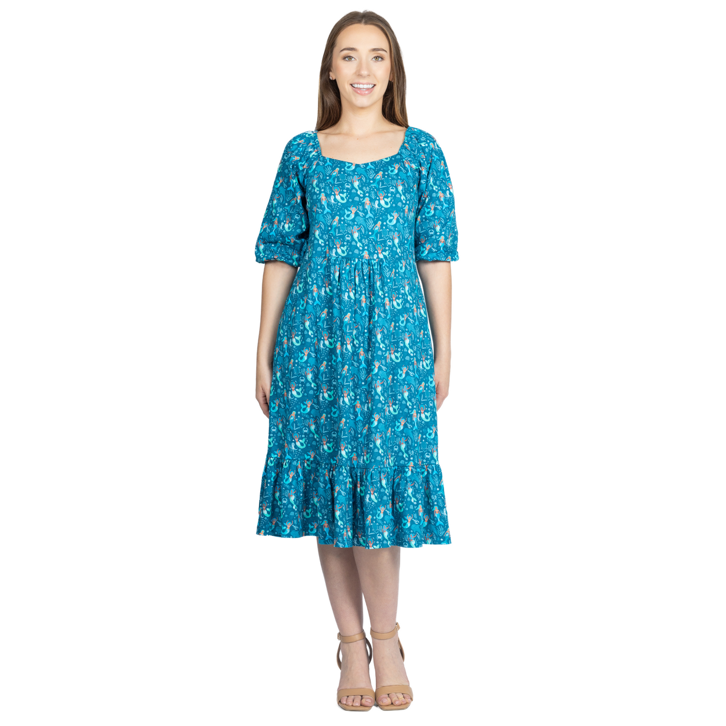 Mermaids Elastic Puff-Sleeve Dress with Frill