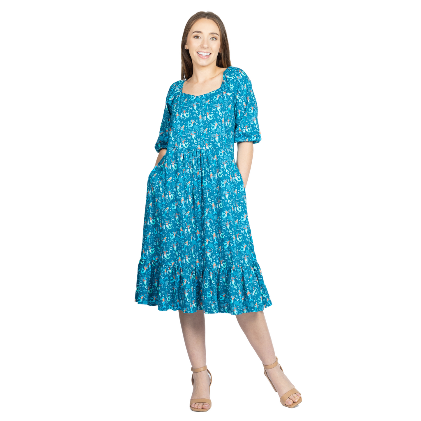 Mermaids Elastic Puff-Sleeve Dress with Frill