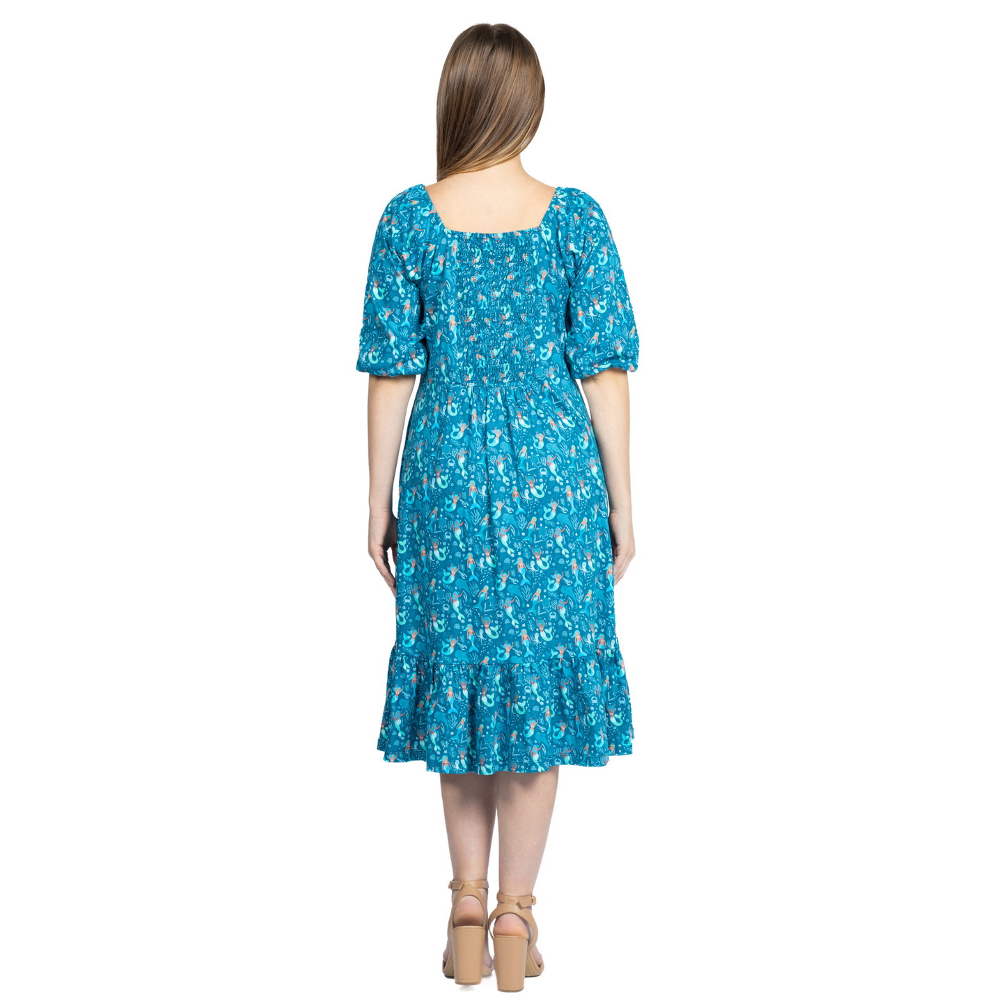 Mermaids Elastic Puff-Sleeve Dress with Frill