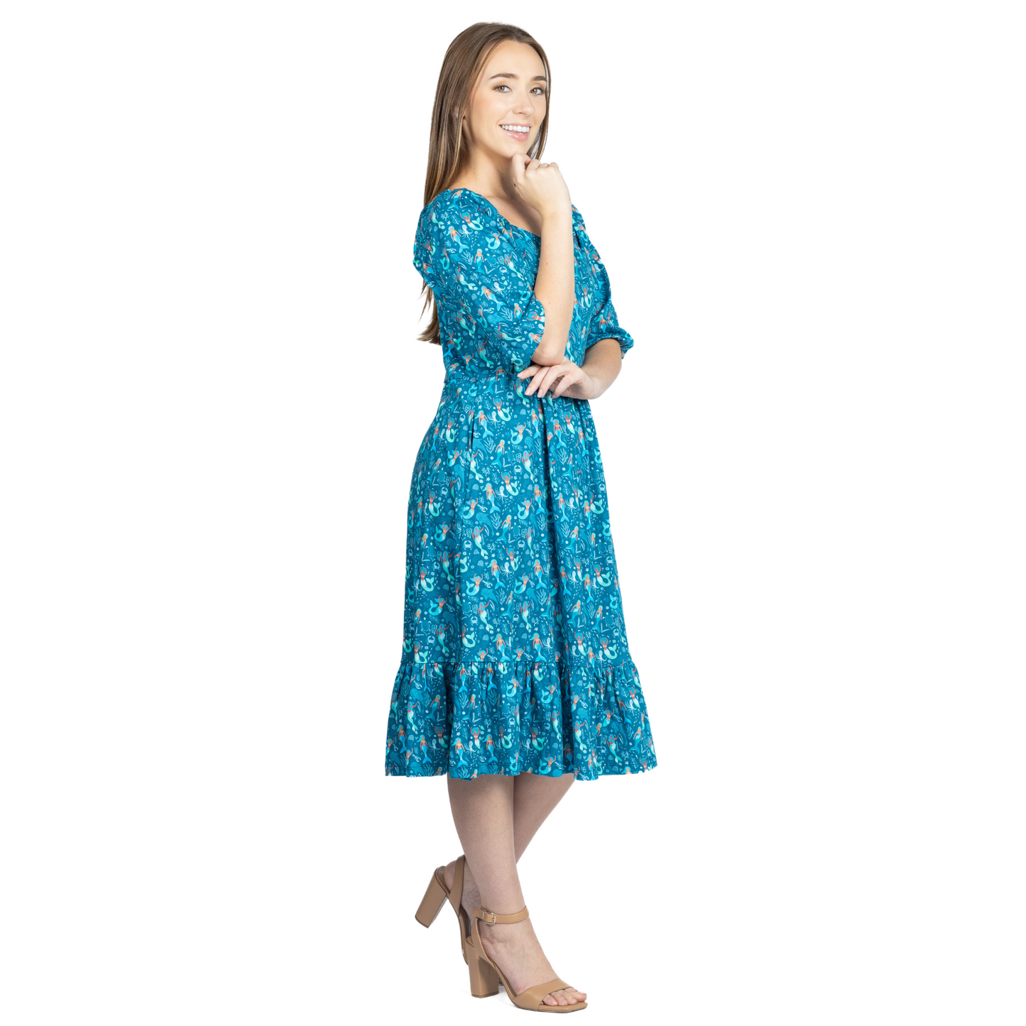 Mermaids Elastic Puff-Sleeve Dress with Frill