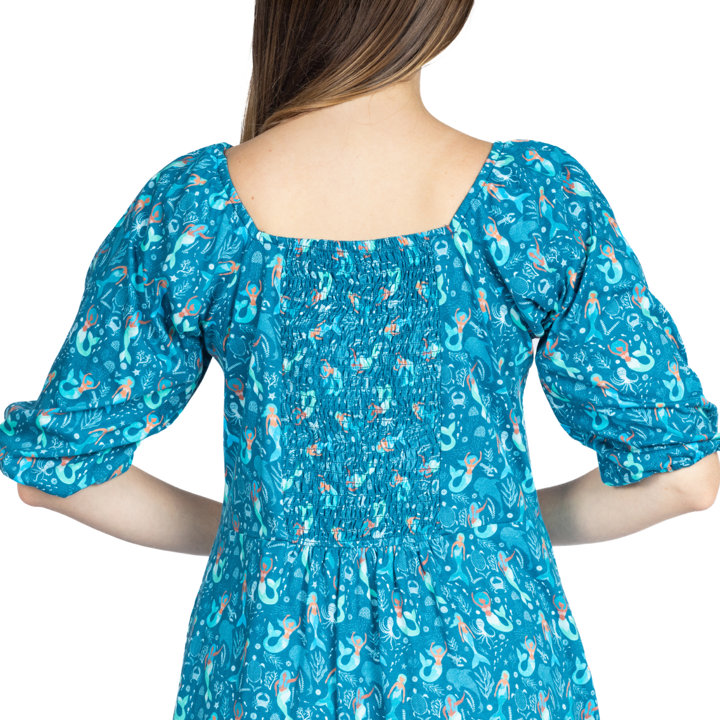 Mermaids Elastic Puff-Sleeve Dress with Frill