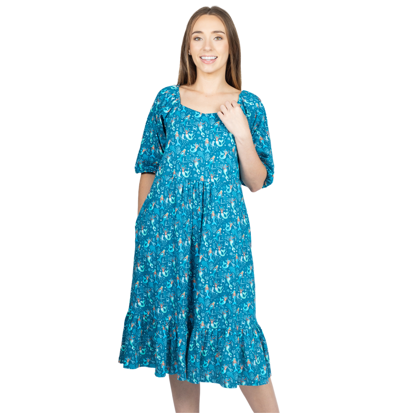 Mermaids Elastic Puff-Sleeve Dress with Frill