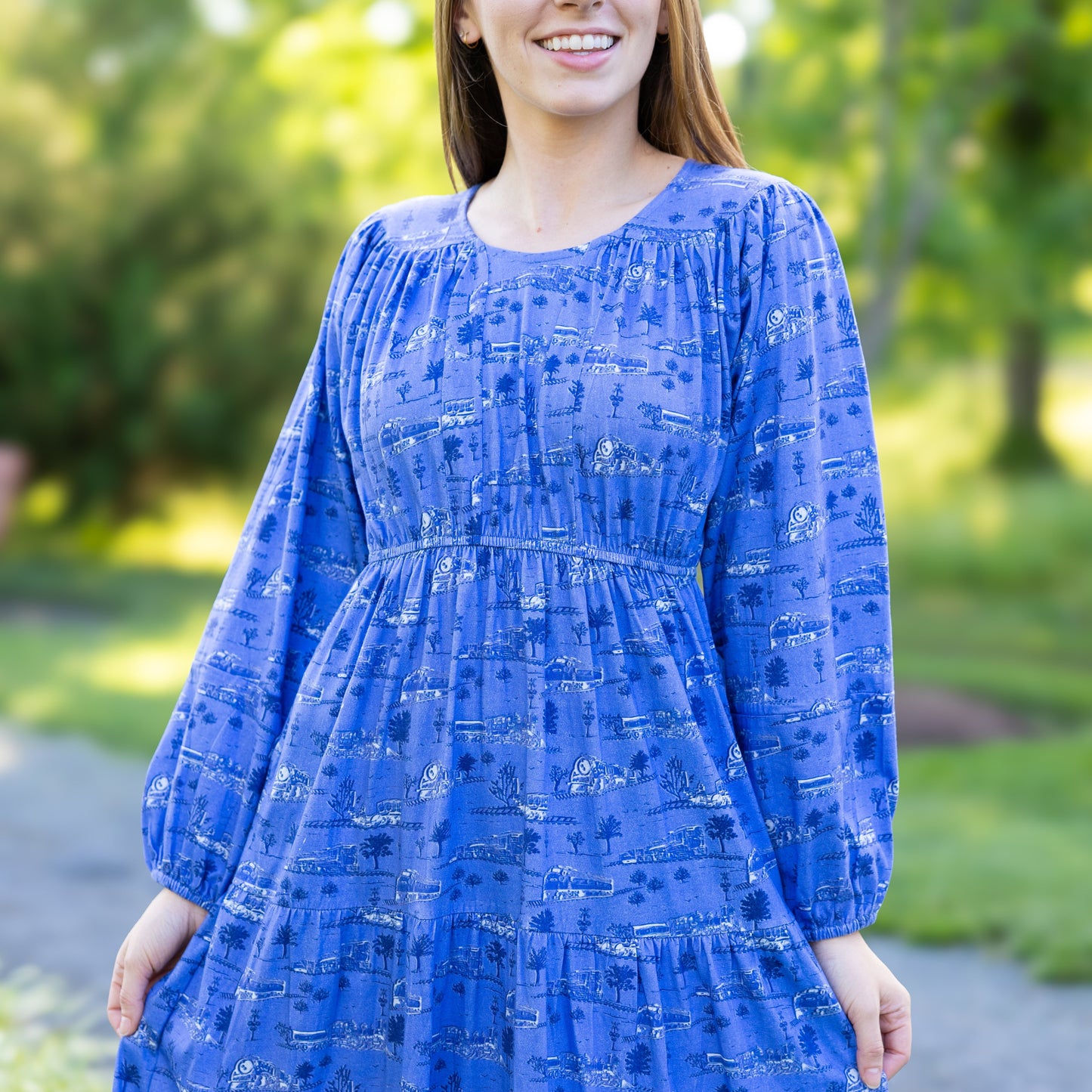 Trains Long Sleeve Midi Dress (With Waist Seam)